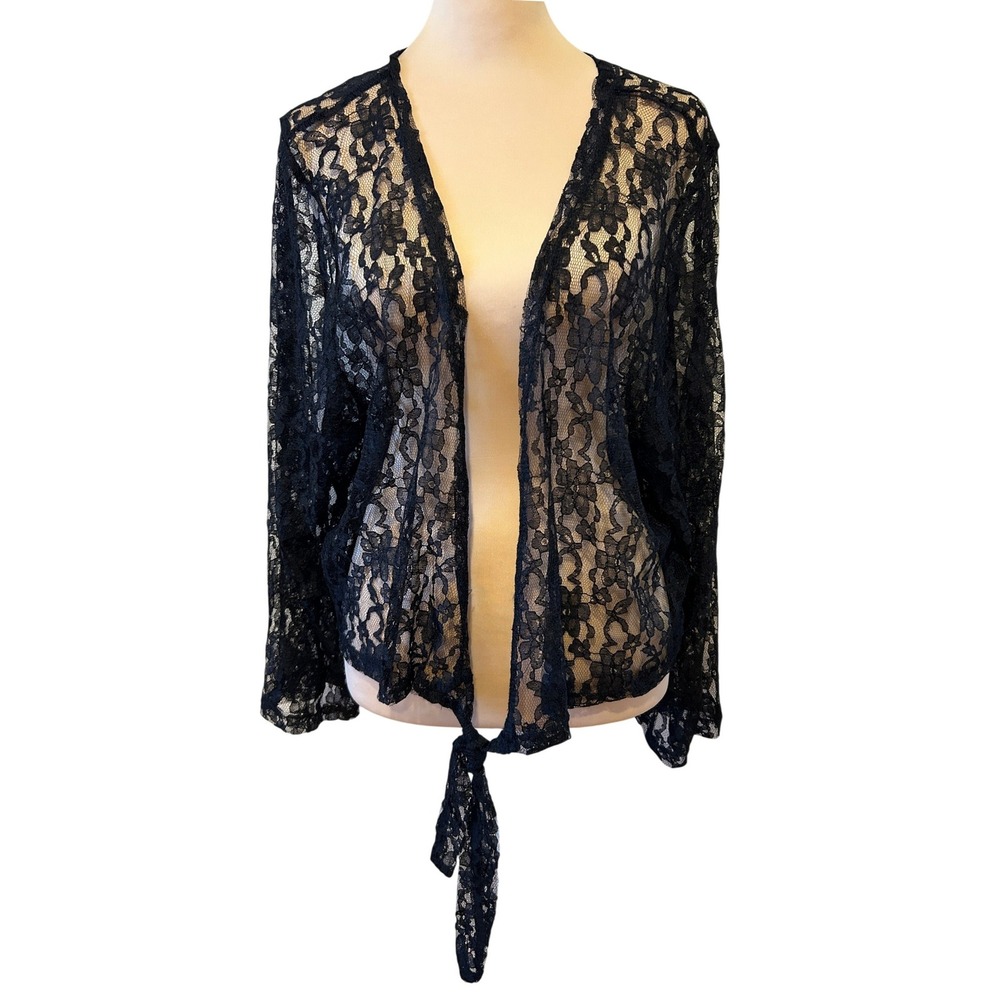 Cristinalove Womens Lace Shrug Cardigan 2X Black Front Tie Sheer Floral Bolero